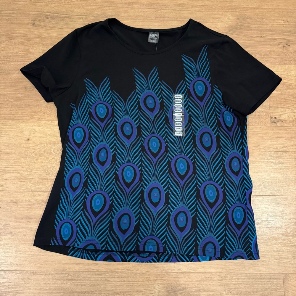 New York art Society Black Top with Blue Peacock Feather Print